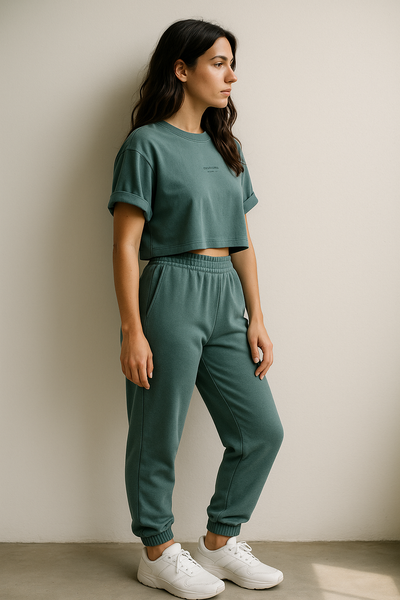 Woman in green outfit standing against a plain wall