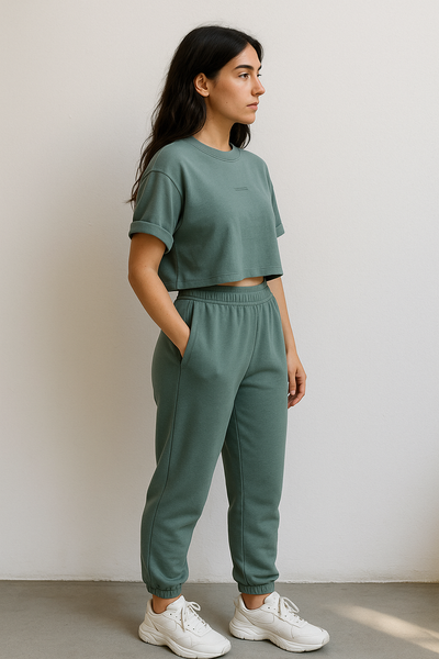 Person wearing a green crop top and sweatpants against a plain background