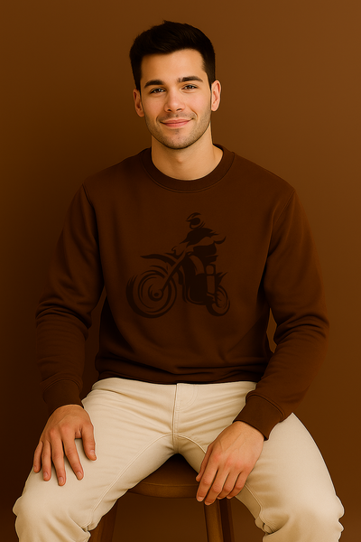 Man wearing a brown sweatshirt with a graphic design