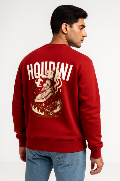 Person wearing a red sweatshirt with a graphic design on the back 