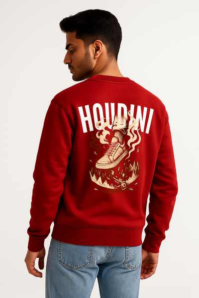 Person wearing a red sweatshirt with 'HOUDINI' design on the back, standing.