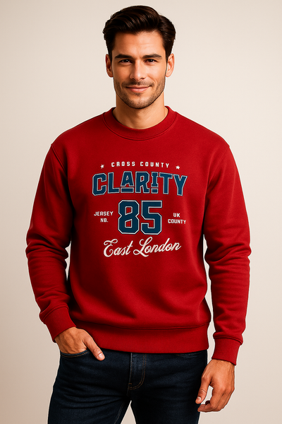 Red sweatshirt with text on chest