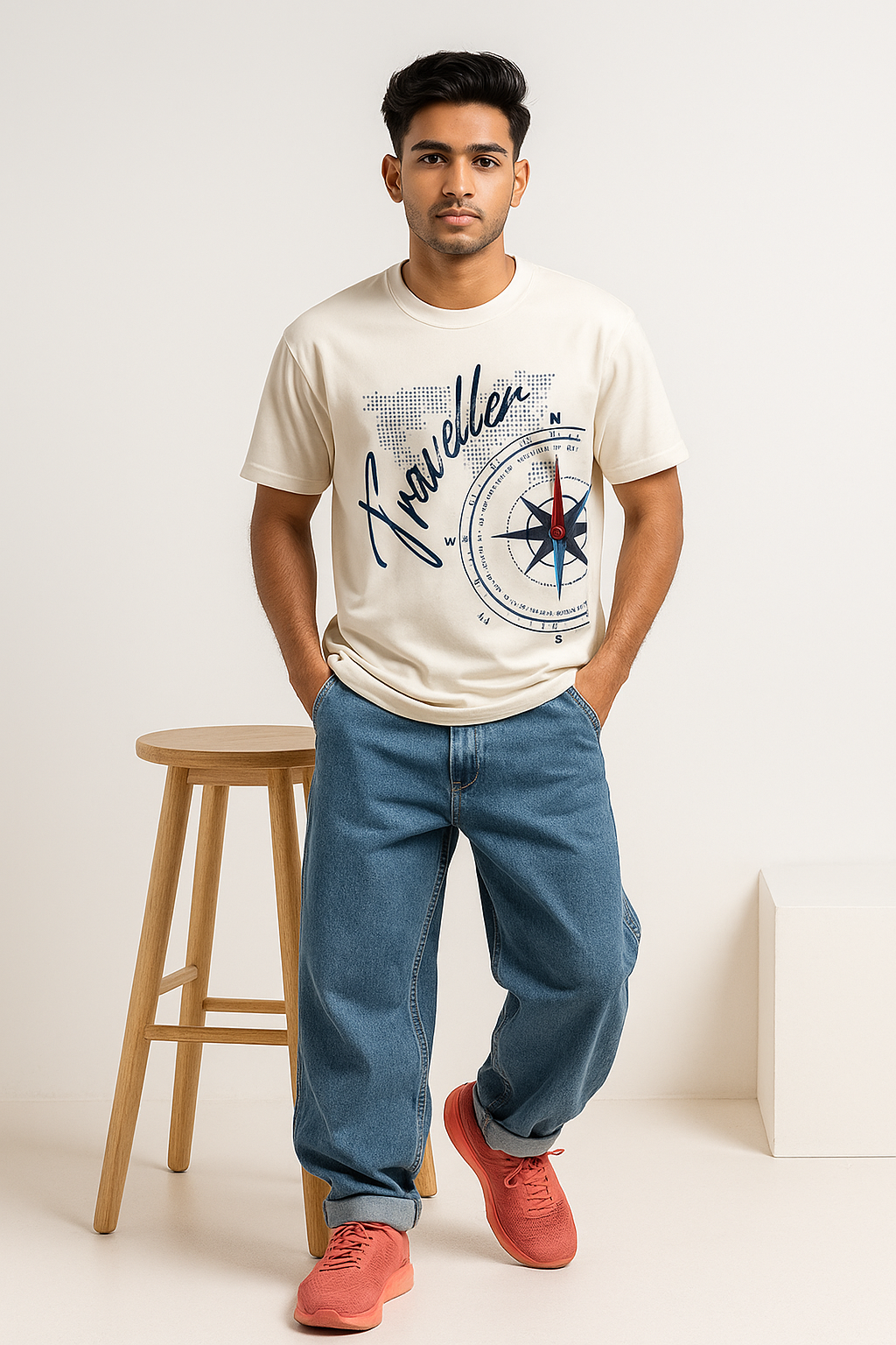 BarelyStylish White Traveller Crewneck Tee