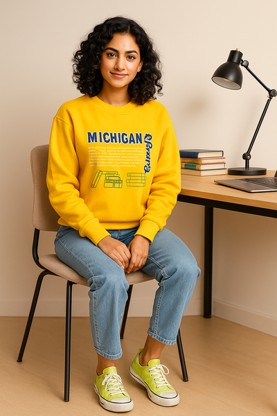 College Student wearing Yellow Sweatshirt working on Desk.