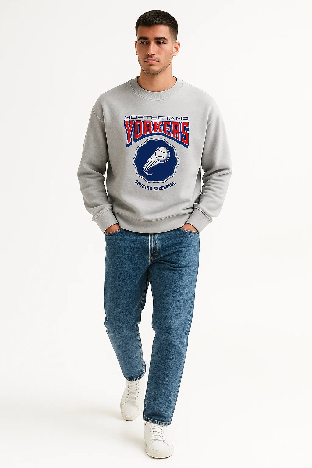 Man wearing a gray sweatshirt with a logo and text, blue jeans, and white sneakers on a white background