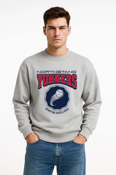 Man wearing a gray sweatshirt with 'Northstand Yorkers' logo on a white background