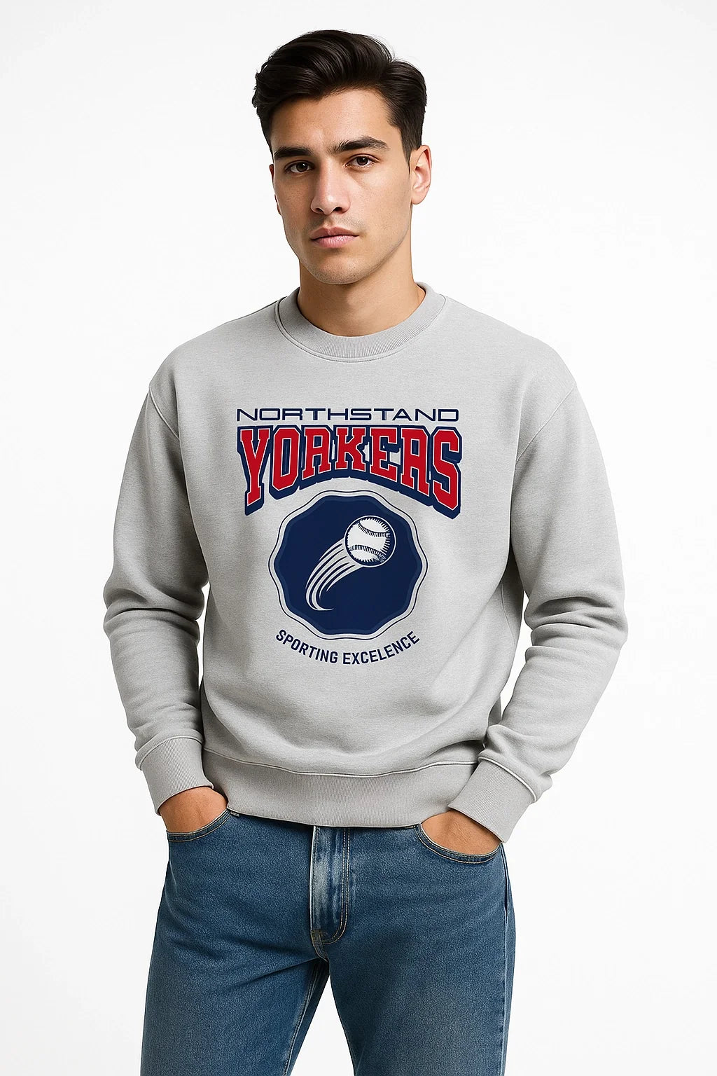 Man wearing a gray sweatshirt with 'Northstand Yorkers' logo on a white background