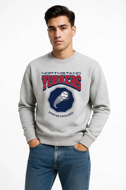 Man wearing a gray sweatshirt with 'Northstand Yorkers' logo on a white background