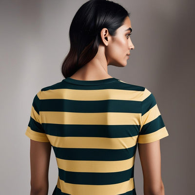 Soft & Breathable Women’s Cotton Tees – Yellow and Green Striped Crew Neck