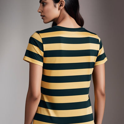 Soft & Breathable Women’s Cotton Tees – Yellow and Green Striped Crew Neck