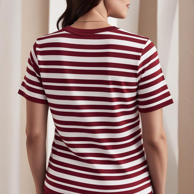 Soft & Breathable Women’s Cotton Tees – White and Red Striped Crew Neck