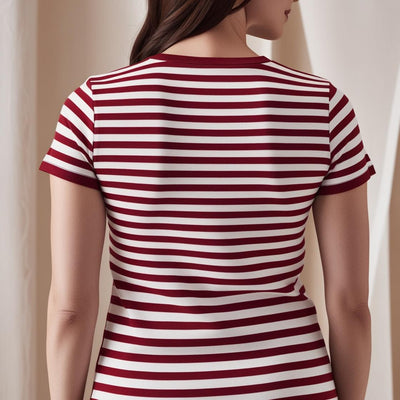 Soft & Breathable Women’s Cotton Tees – White and Red Striped Crew Neck