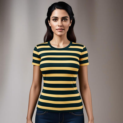 Soft & Breathable Women’s Cotton Tees – Yellow and Green Striped Crew Neck