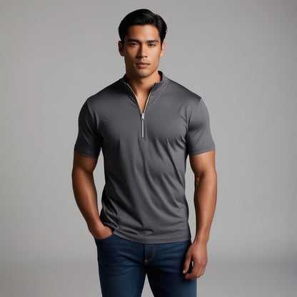 Dark Gray Zipper Polo Neck T-Shirt for Men – Smart Casual by BarelyStylish
