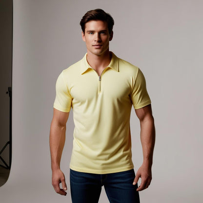 Lemon Yellow Zipper Polo Neck T-Shirt for Men – Smart Casual by BarelyStylish
