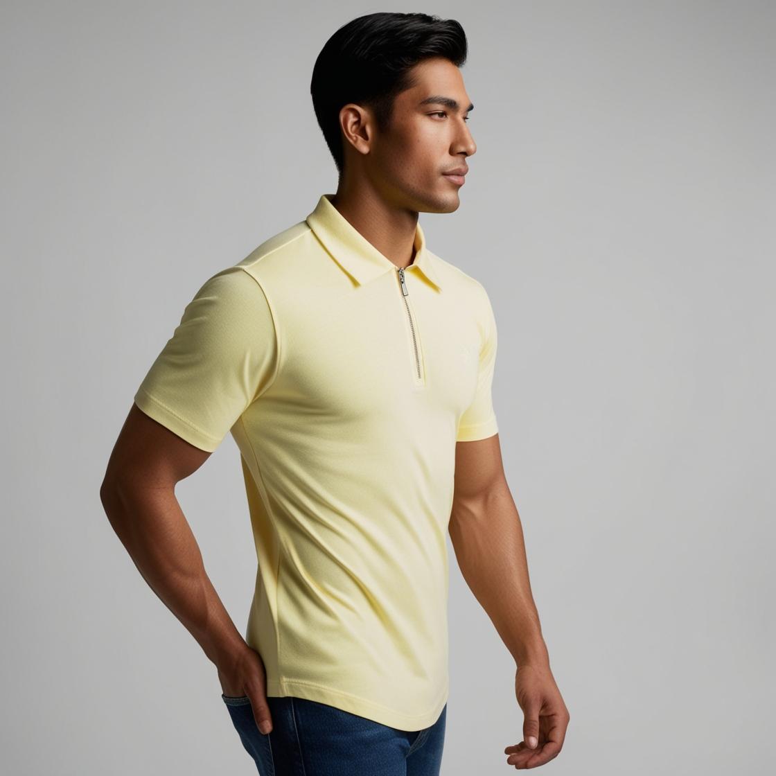 Lemon Yellow Zipper Polo Neck T-Shirt for Men – Smart Casual by BarelyStylish