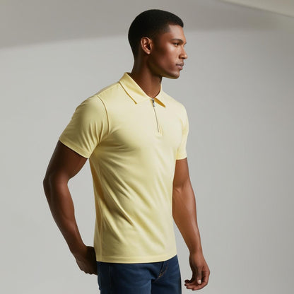 Lemon Yellow Zipper Polo Neck T-Shirt for Men – Smart Casual by BarelyStylish