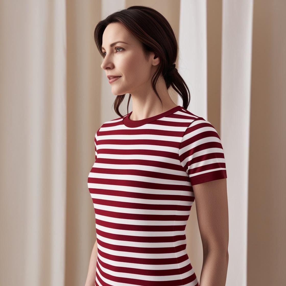 Soft & Breathable Women’s Cotton Tees – White and Red Striped Crew Neck