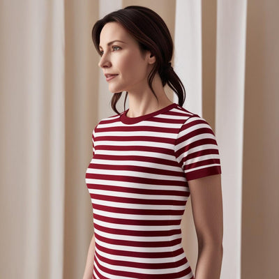 Soft & Breathable Women’s Cotton Tees – White and Red Striped Crew Neck