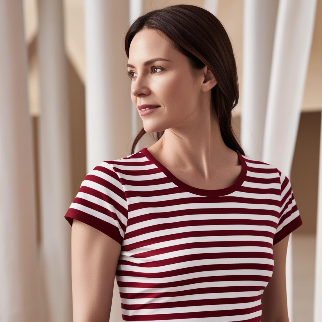 Soft & Breathable Women’s Cotton Tees – White and Red Striped Crew Neck