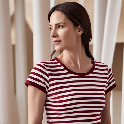 Soft & Breathable Women’s Cotton Tees – White and Red Striped Crew Neck