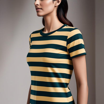 Soft & Breathable Women’s Cotton Tees – Yellow and Green Striped Crew Neck