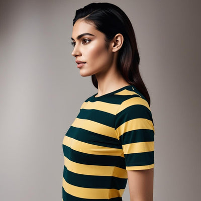 Soft & Breathable Women’s Cotton Tees – Yellow and Green Striped Crew Neck