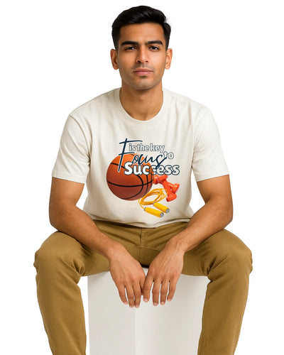 Man wearing a white t-shirt with a graphic design sitting on a white box against a white background