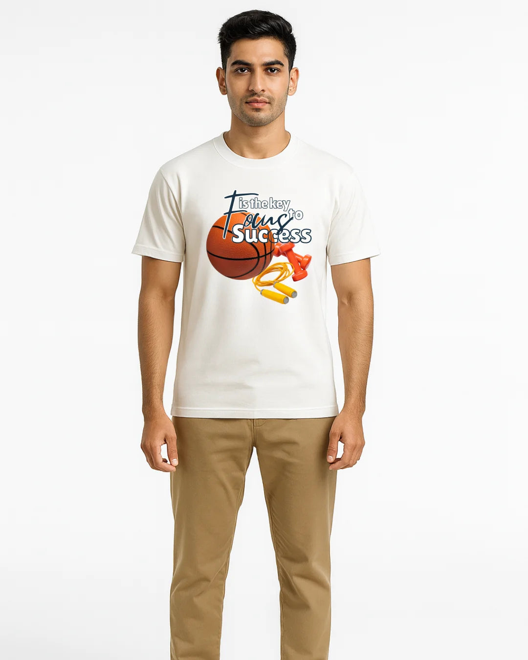 Man wearing a white t-shirt with a graphic design on a white background