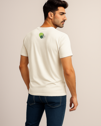 Man wearing a white t-shirt with a logo on the back