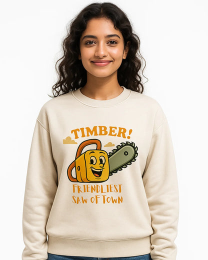 Person wearing a beige sweatshirt with a chainsaw graphic and text on a white background