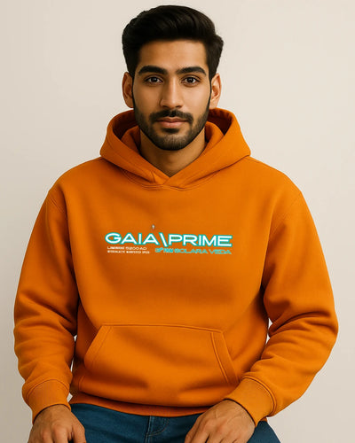 Man wearing an orange hoodie with 'GAIA PRIME' branding on a plain background