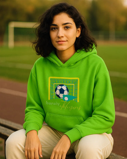 Women wearing green hoodie with a BarelyStylish Design on chest