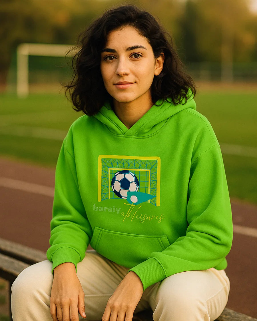 Women wearing green hoodie with a BarelyStylish Design on chest