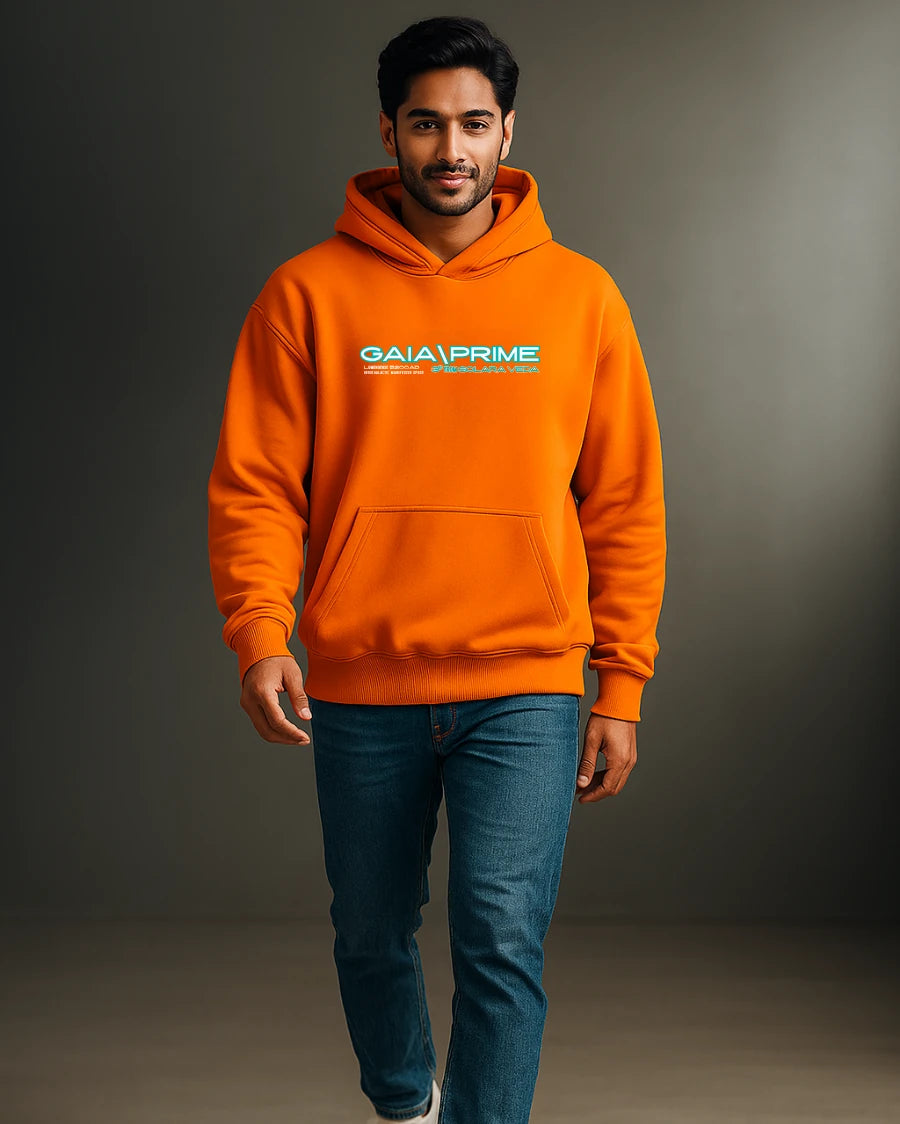 Man wearing an orange hoodie with 'GAIA PRIME' logo on a gray background
