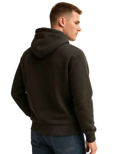 Man wearing a black hoodie from behind.