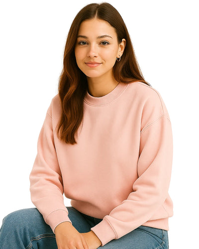 Woman wearing a pink BarelyStylish sweatshirt 