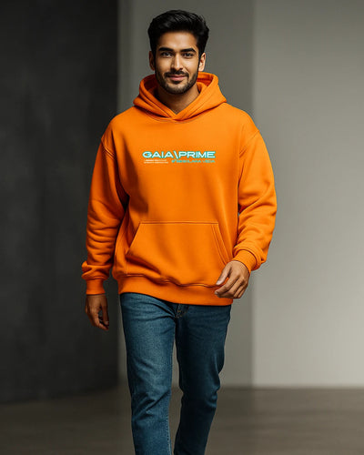 Man wearing an orange hoodie with 'Gaia Prime' logo against a gradient background