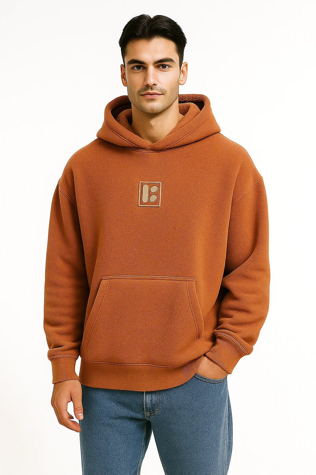 Front Profile of a man wearing a brownish Orange hoodie with a BarelyStylish logo