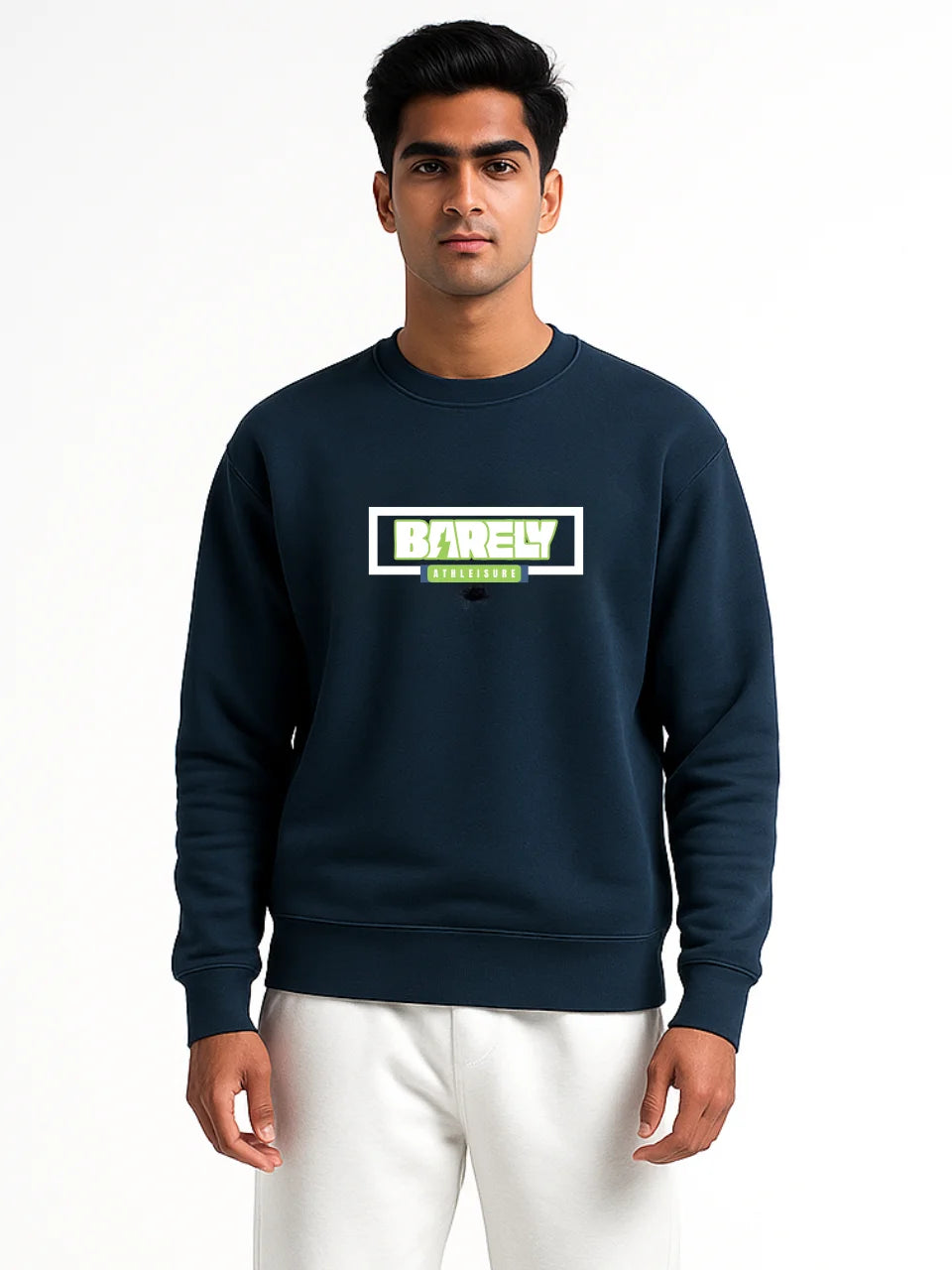 Man wearing a navy blue sweatshirt with a logo on a white background