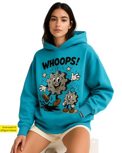 Female Model wearing a blue hoodie with cartoon design and 'WHOOPS!' text.