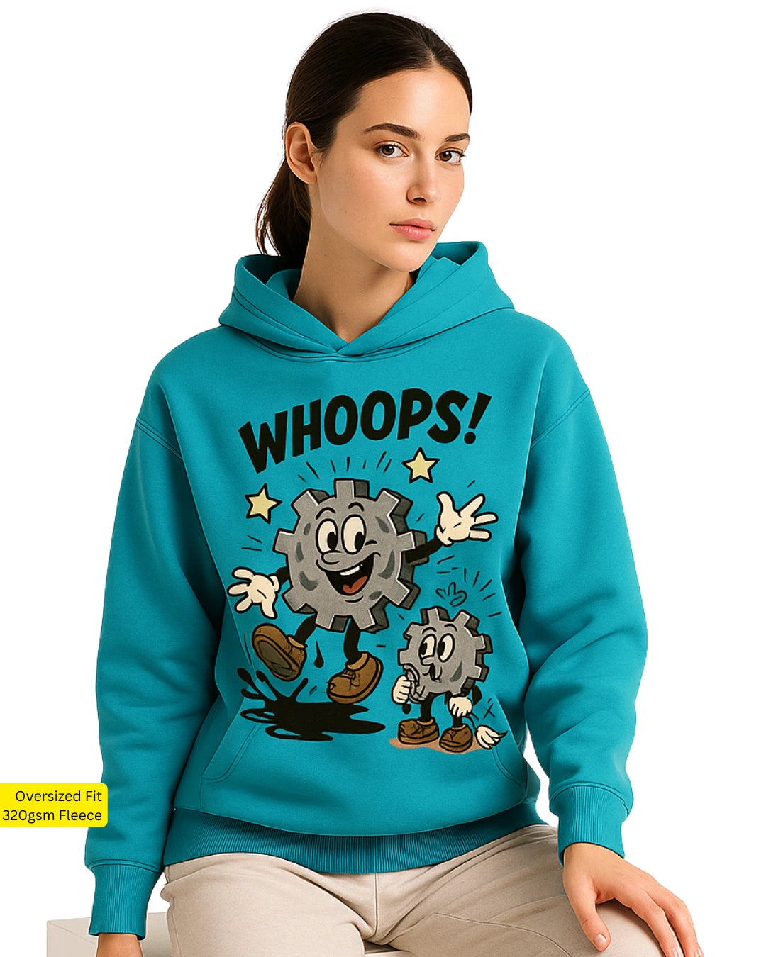 Person wearing a blue hoodie with cartoon gears and 'WHOOPS!' text.