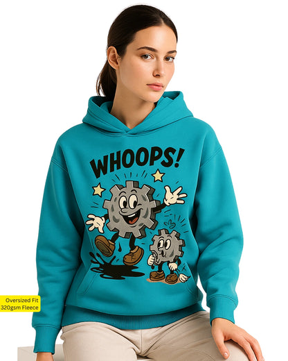 Person wearing a blue hoodie with cartoon gears and 'WHOOPS!' text.