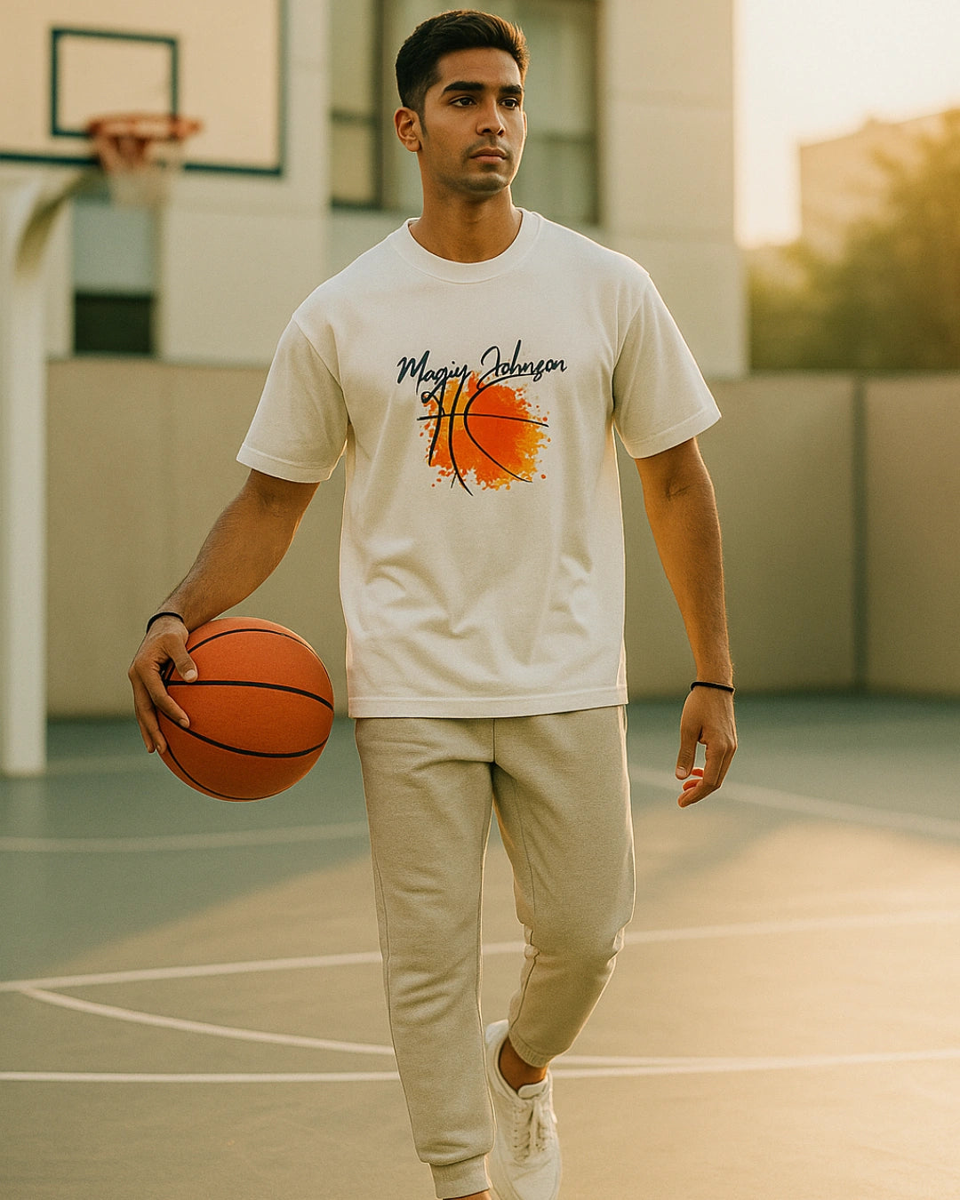 Man holding a basketball on a court wearing a t-shirt with a graphic design.