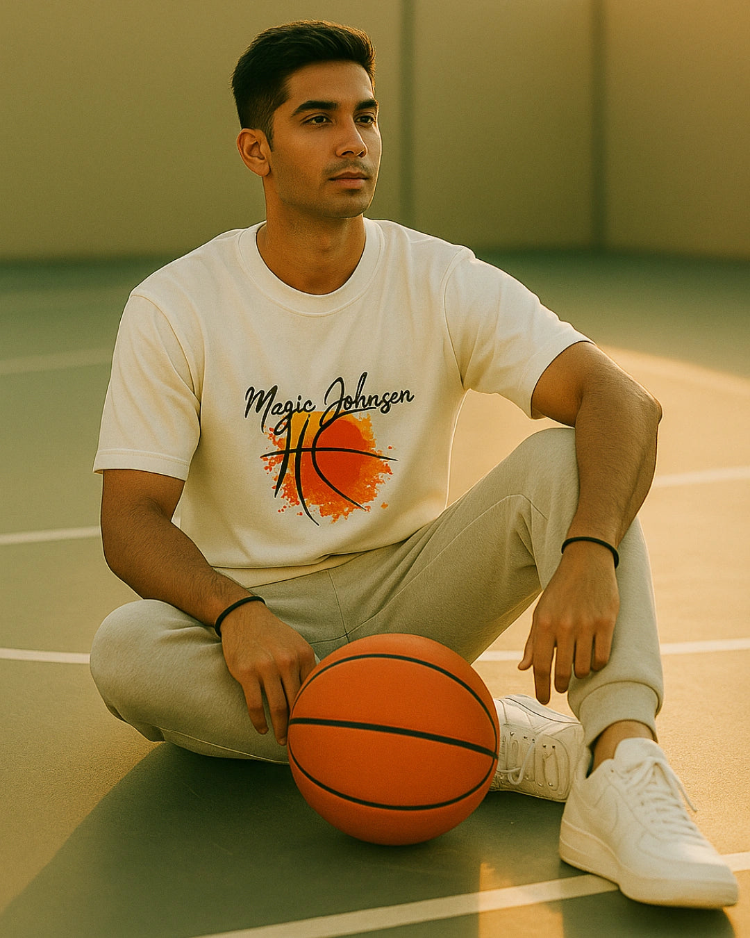 Man sitting on a basketball court with a basketball, wearing a white t-shirt with a graphic design.