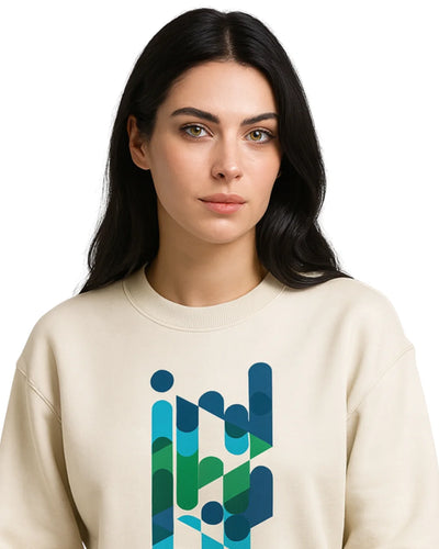 BarelyStylish beige sweatshirt with a colorful geometric design on a white background