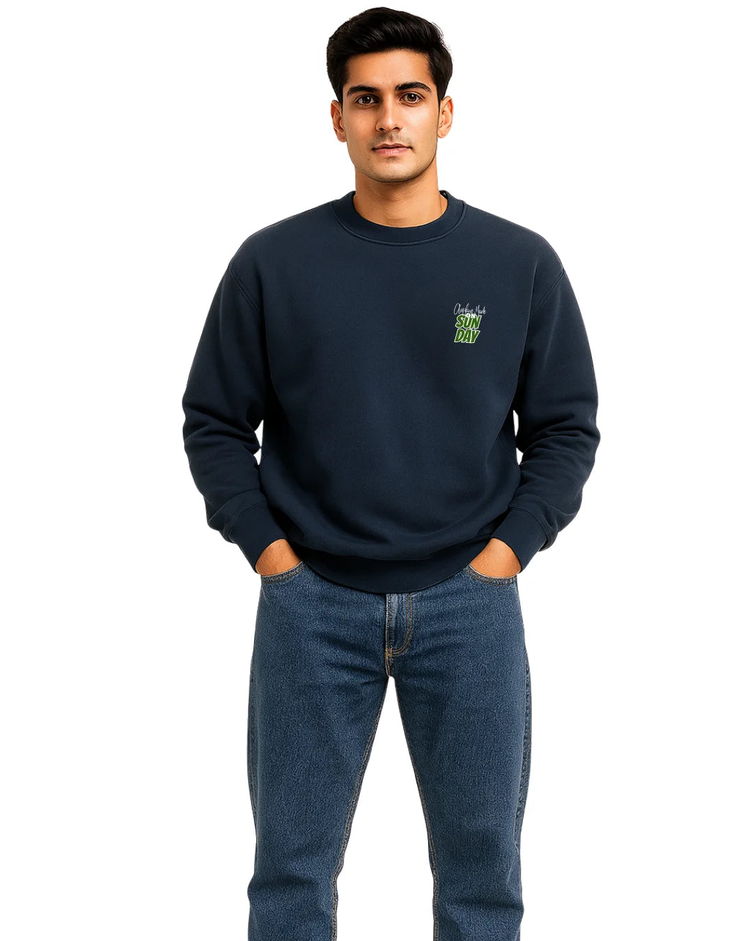 Man wearing a navy blue sweatshirt with a logo on a white background