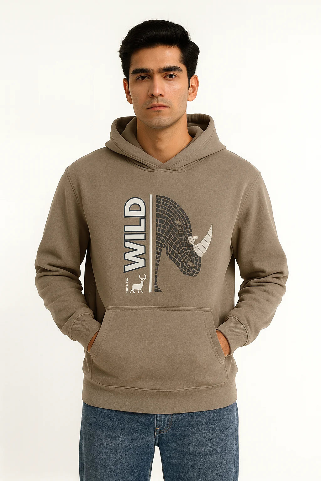 Man wearing a Grey hoodie with a rhino graphic and 'WILD' text on a white background