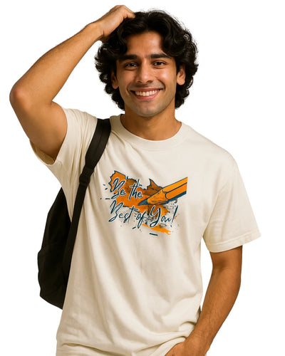 Man wearing a white t-shirt with a colorful graphic design on a white background
