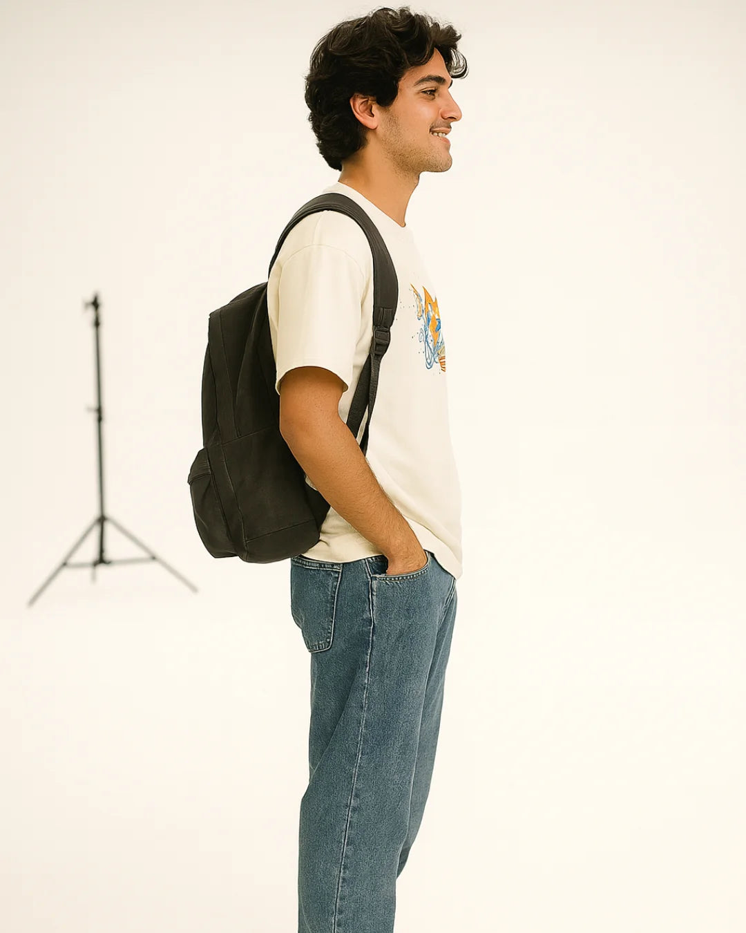 Man with a black backpack standing against a plain background